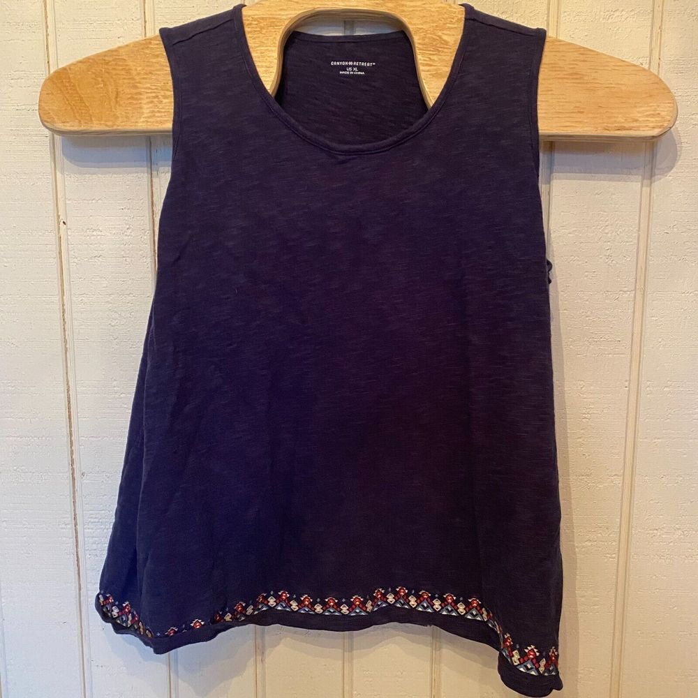 Canyon Retreat Tank Top Embroidered Trim XL Navy Blue Cotton Round Neck Pullover